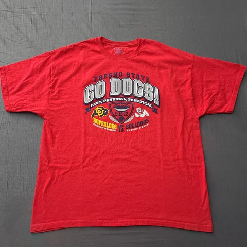 Champion Mens XXL Fresno State Buffaloes vs. Bulldogs T-Shirt, Go Dogs! Red Tee Cover