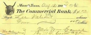 COMMERICAL BANK MASON TEXAS LONGHORN STEER VIGNETTE 1904 L VALLIANT GAMEL CARTER - Picture 1 of 1