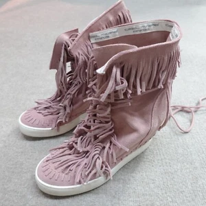 Gisel Moire Paris Womens Sneakers 10 Pink Hidden Wedge Moccasin Fringe Italy - Picture 1 of 11