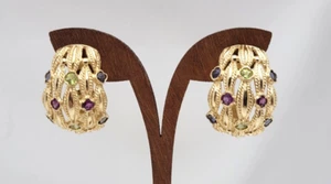 Signed AE 14K Yellow Gold Omega Back Earrings w/ Multicolor Gemstones - Picture 1 of 7