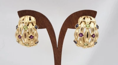 Signed AE 14K Yellow Gold Omega Back Earrings w/ Multicolor Gemstones - Image 1 of 4
