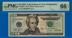 2004 $20 Federal Reserve Note PMG 66EPQ Birthday/Anniversary Fancy Low Serial - Picture 1 of 2