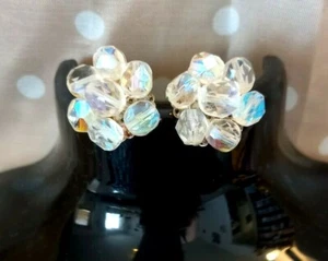 VINTAGE EARRINGS Faceted Beads Crystal Flower CLIP ON 1960/70s Multi STUNNING. - Picture 1 of 12
