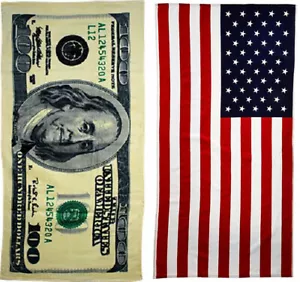 $100 Bill & American Flag Printed Beach Towel Set - 2 Towels - Picture 1 of 1