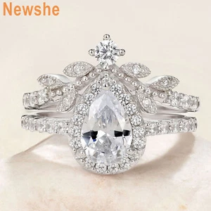 Newshe 925 Silver Wishibone Ring Band Set Wedding Engagement Ring Bridal Set - Picture 1 of 7