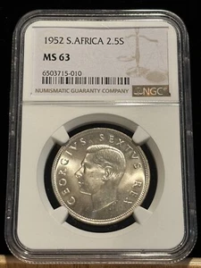 SOUTH AFRICA 2 1/2 Shillings 1952, KGVI, NGC MS 63 Lustrous Choice UNC/ BU. K6 - Picture 1 of 2