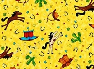 Childrens Cowboy Cotton Quilt Fabric Western Horse Hat Boots Cactus Yellow BTY - Picture 1 of 1