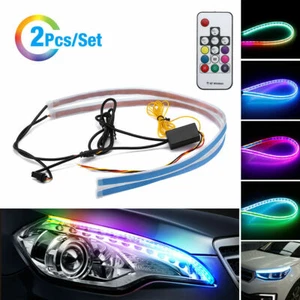 RGB Sequential Flexible LED DRL Turn Signal Strip Remote For Headlight 2x 60cm - Picture 1 of 11