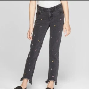 Art Class black embroidered emoji skinny stretch denim jeans girls Size 8 - Picture 1 of 7