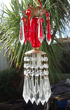 Vintage ruby Lucite hanging mini baby tole lamp chandelier crystal prism