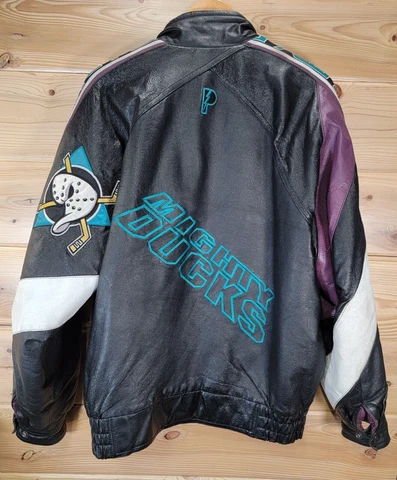 Rare VTG Mighty Duck Pro Player Leather Jacket Size Large Hockey NHL Full Zip Cover