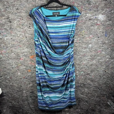 Vestido Black Label Evan-Picone para mujer 18 azul verde rayas drapeado capucha cuello midi Foto 1 de 4