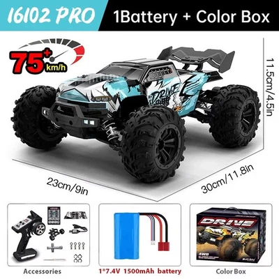 WLtoys 16102 Pro 1:16 75KM 4WD RC (BRUSHLESS) Truggy With LED Lights - BLUE - Image 1 of 4