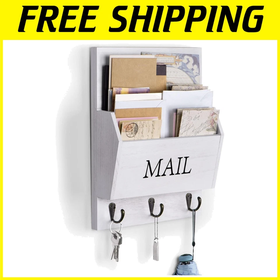 Rustic Wooden Mail Organizer with Key Hooks - Image 1 of 4