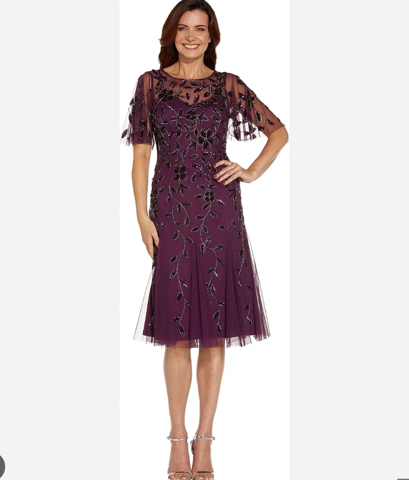 Adrianna Papell Purple Sequin Embroidered A-Line Cocktail Dress MOB Party Sz 12 - Image 1 of 4