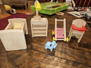 Hape Wooden Dollhouse Nursery Crib Bedding Highchair Stroller Changing Table - Picture 1 of 5