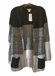 Cotton Emporium Long Cardigan Sweater Cable Knit Gray Black Size Small Open Cozy - Picture 1 of 6