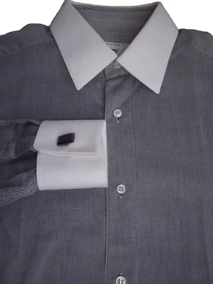 Brioni gray textured white collar french cuff long sleeves cotton shirt size 15 - Image 1 of 4