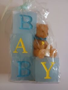 Boy Baby Blocks Candle Blue Teddy Bear Baby Bottle 3.5" Cake Topper