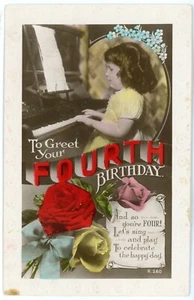 RPPC - Girl Playing Piano, 4th Birthday Greeting - 1920s - Bild 1 von 2