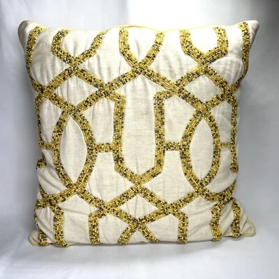 Heavily Beaded 16” Square Throw Pillow Hidden Zipper India Yellow Seed Beads SEE - Image 1 of 4