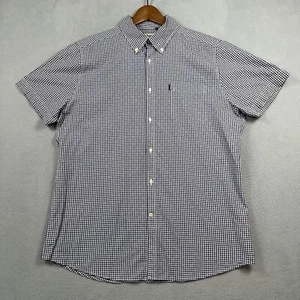 Barbour Shirt Men Medium Blue White Check Plaid Short Sleeve Button Down Texture - Picture 1 of 10