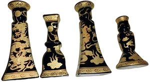 Chinese Ceramic Deco Candlesticks Black/Gold Dragon (2) 8 5/8 x 3 3/8, 7", 6" - Picture 1 of 5