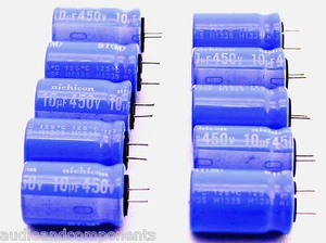 10 x 10uF 450V ELECTROLYTIC CAPACITOR - HIGH QUALITY NICHICON BT SERIES 125˚C - Foto 1 di 1