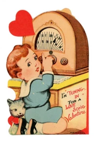 c. 1930 Die-Cut Mechanical Valentine. Boy Tunes In Radio Set. Cathedral Cabinet - Picture 1 of 3
