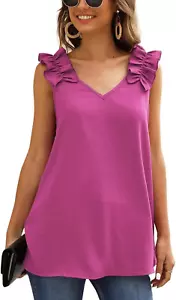 Womens Ruffles Shoulder V Neck Sleeveless Casual Summer Blouse Tunic Tank Tops - Picture 1 of 12