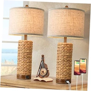 Set of 2 Rattan Table Lamps for Living Room with 2 USB Ports, 27in Tall - Picture 1 of 7