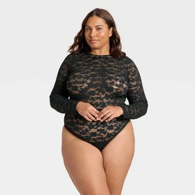 Body lencería manga larga encaje floral sombra para mujer - Auden™ negro 1X Foto 1 de 4
