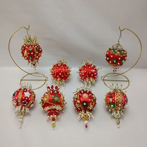 Vintage Fancy Push Pin Ornament Lot Red And Gold Christmas Tree Decorations  - Picture 1 of 9