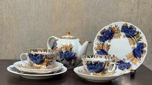 Juego de té ruso de porcelana Lomonosov para 2 azules y dorados oro 22K - Imagen 1 de 9