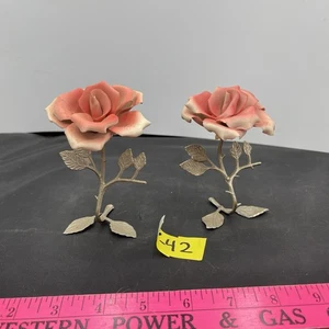 2 Vintage Porzellan rosa Rose auf Metallstielen Capdimonte (V42) - Bild 1 von 5