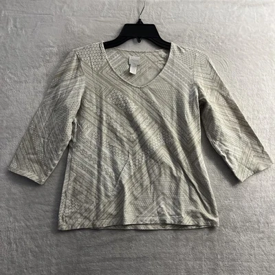 Chico's Womans Blouse Top Beige Geometric Small 0 Cotton Blend 3/4 Sleeve - Image 1 of 4