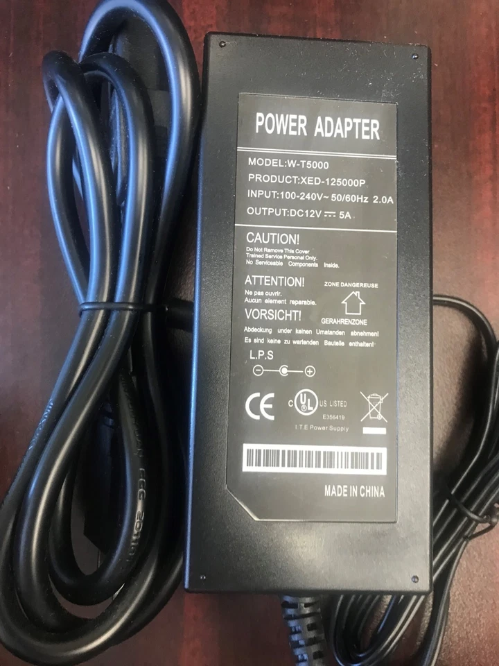 W-T5000 AC 100-240V to DC 12V 5A Power Adapter Power Supply plus Power Cord - Image 1 of 1