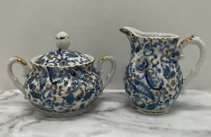 Vintage Lefton China 2374 Lidded Sugar Bowl And Creamer Set Blue Paisley - Picture 1 of 10