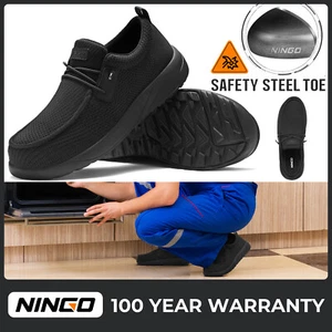 NINGO Unisex Steel Toe Slip On Loafers Sneakers Safety Construction Work Shoes - Picture 1 of 29