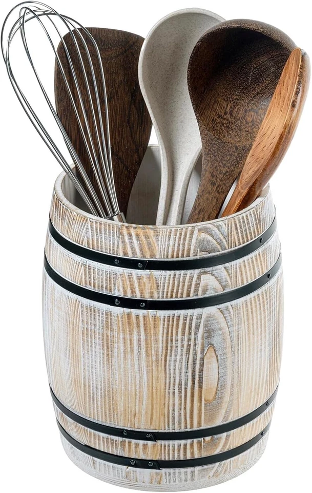 MYGIFT White Wood Wine Barrel Design Kitchen Utensil Holder Crock, Utensils Organizer