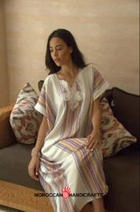 Handmade Moroccan white kaftan with multi coloured stripes - Picture 1 of 2