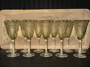 Tiffin Glass Flanders Poppy Etch Mandarin Yellow 8 1/4” Water Goblets (11) - Picture 1 of 4