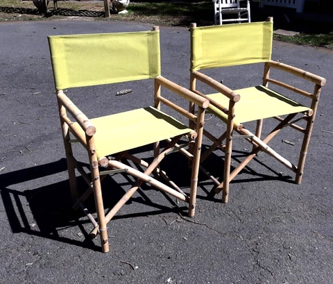 Pair Vintage Mid Century Bamboo Folding Director's Chairs Cover