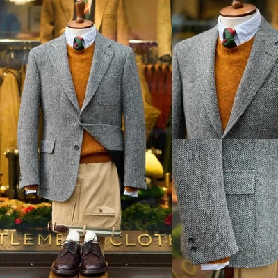 Autumn Winter Men's Gray Herringbone Coat Single Buttons Notch Lapel Jacket Only - Image 1 of 4