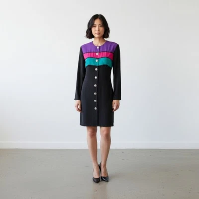 Camisa Vintage Años 80 Negra Talla 6 Rayas Corpcore Retro Púrpura Rosa Oficina Foto 1 de 4