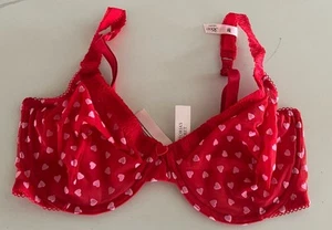 Victoria’s Secret TEASE Unlined Demi Bra Red Mesh White Hearts Print 36DD NWT - Picture 1 of 3