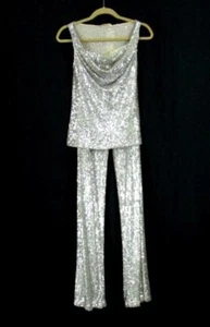 NAEEM KHAN 2-TEILIGE SILBER PAILLETTEN PULL-ON HOSE & PASSENDES TOP GR. XS-NEU MIT ETIKETT - Bild 1 von 6