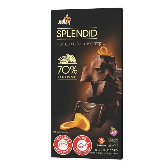 6x Elite Splendid Bittersweet Barra de Chocolate Oscuro 70% Cacao, Sabor Naranja, 100 g Foto 1 de 1