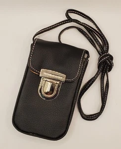 Victoria's Secret Crossbody Phone Holder Black Leather Buckle Satchel 3"x1"x6" - Picture 1 of 12