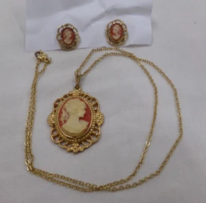 Vintage Cameo Ornate Gold Tone Pierced Earrings and Necklace Set - Picture 1 of 5